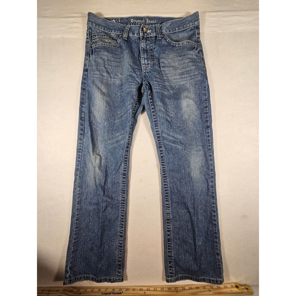 Request Jeans Premium Mens 32x30 Blue Denim Straight Leg Embroidered Pockets